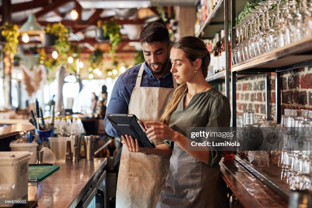 Tablet, bartender or small business people for communication, networking or online order check. Research, planning startup or teamwork for inventory checklist, stock management or social media review