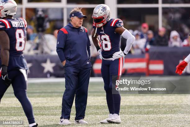 New England Patriots head coach Bill Belichick talks with Matthew Slater before their game against the Miami Dolphins at Gillette Stadium on January...