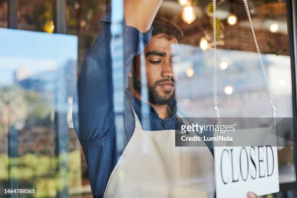 closed sign, cafe owner and man with shop signage to close restaurant. thinking, male entrepreneur and shop poster of a employee feeling sad about bankruptcy with business board and bulletin - small placard stock pictures, royalty-free photos & images