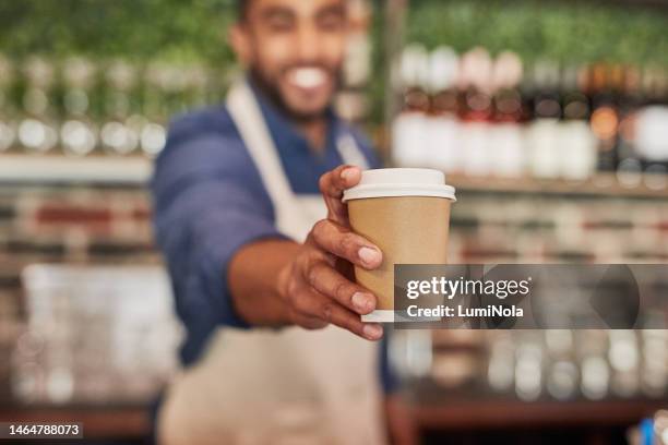 waiter, coffee cup and man giving drinks in cafe, shop or restaurant. closeup barista, takeaway beverage and tea latte for hospitality service, fast food worker or catering startup in cafeteria lunch - coffe to go stock pictures, royalty-free photos & images