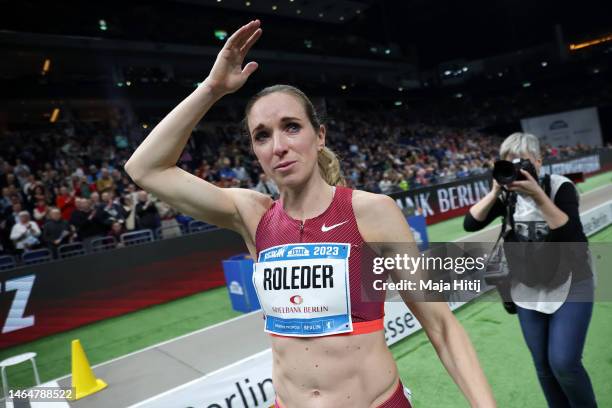 Cindy Roleder of Germany acknowledges the crowd during Women's Long Jump at the ISTAF Indoor Berlin at Mercedes-Benz Arena on February 10, 2023 in...