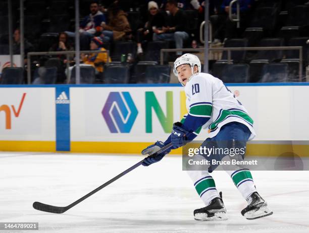 Curtis Lazar of the Vancouver Canucks skates against the New York Islanders at UBS Arena on February 09, 2023 in Elmont, New York.