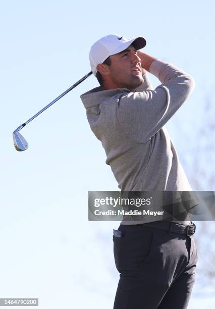 Scottie Scheffler of the United States plays his shot from the 12th tee during the second round of the WM Phoenix Open at TPC Scottsdale on February...