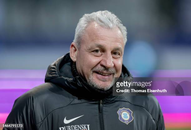 Head coach Pavel Dotchev of Aue reacts before the 3. Liga match between Erzgebirge Aue and SV Waldhof Mannheim at Erzgebirgsstadion on February 10,...