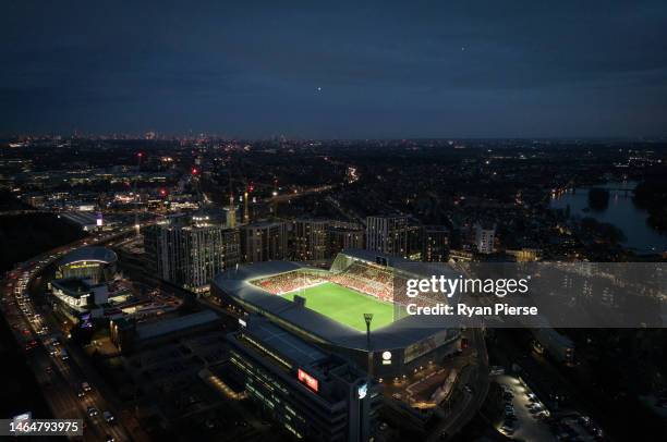 An aerial view of Gtech Community Stadium prior to the Premiership Rugby Cup match between London Irish and Northampton Saints at Gtech Community...