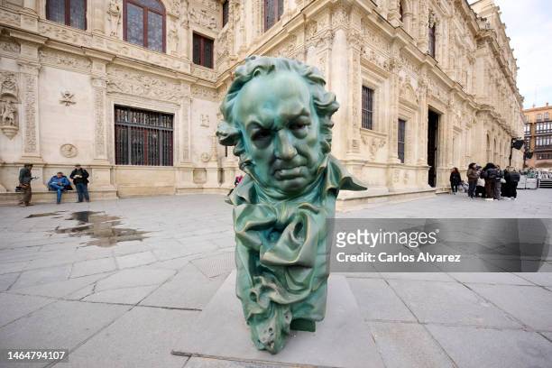 Sculpture depicting the Goya Awards trophy is seen at the Plaza de San Francisco on February 10, 2023 in Seville, Spain. The 37th Goya Awards...