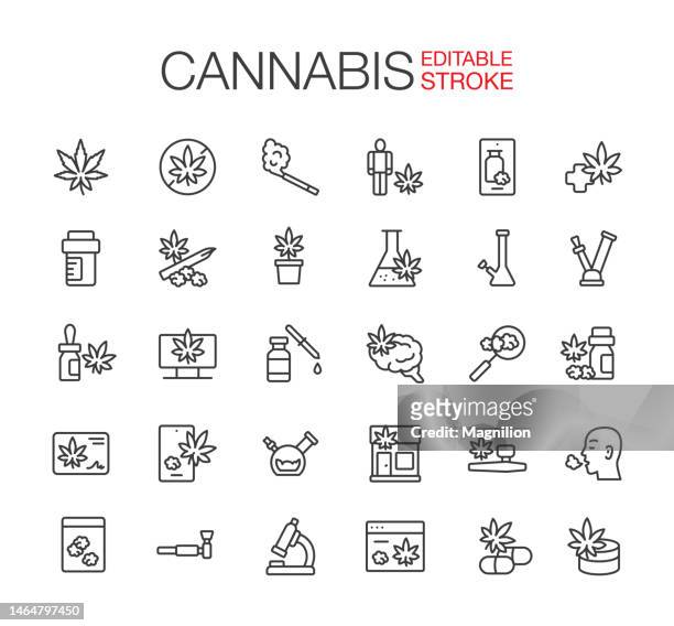 ilustrações de stock, clip art, desenhos animados e ícones de cannabis line icons set editable stroke - marijuana design