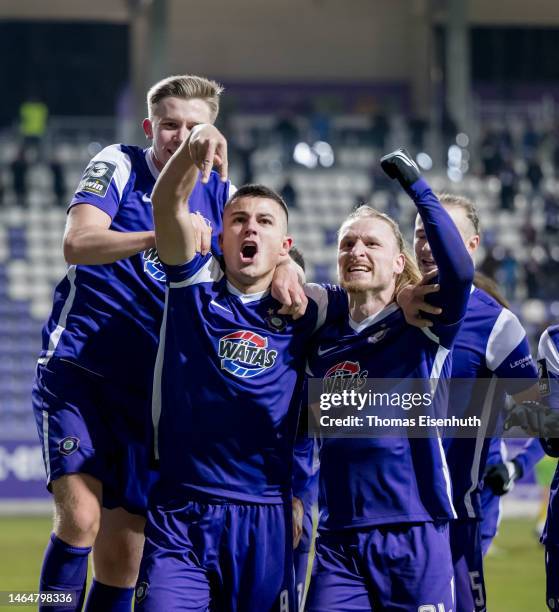 Antonio Jonjic of Aue celebrates after scoring his team's second goal with Marvin Stefaniak during the 3. Liga match between Erzgebirge Aue and SV...