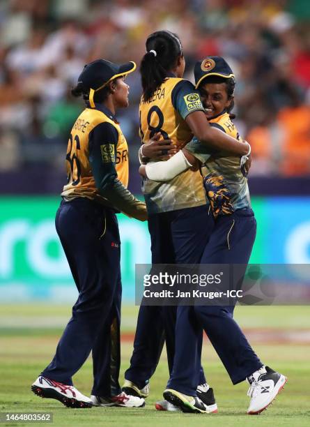 Inoka Ranaweera of Sri Lanka celebrates the wicket of Marizanne Kapp of South Africa during the ICC Women's T20 World Cup group A match between South...