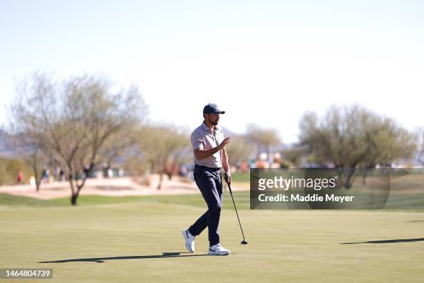 Jason Day of Australia waves on the 13th hole during the second round of the WM Phoenix Open at TPC Scottsdale on February 10, 2023 in Scottsdale,...