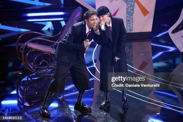 Sangiovanni and Ariete attends the 73rd Sanremo Music Festival 2023 at Teatro Ariston on February 10, 2023 in Sanremo, Italy.