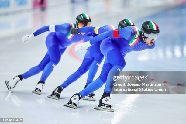 Team Italy compete in the Men's Team Pursuit during the ISU World Cup Speed Skating at Arena Lodowa on February 10, 2023 in Tomaszow Mazowiecki,...