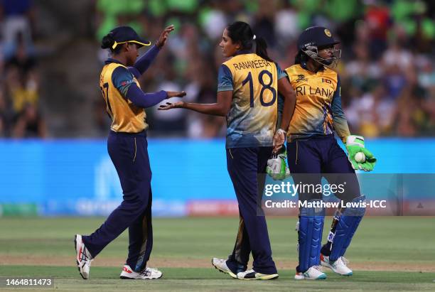 Inoka Ranaweera of Sri Lanka celebrates the wicket of Sune Luus of South Africa during the ICC Women's T20 World Cup group A match between South...