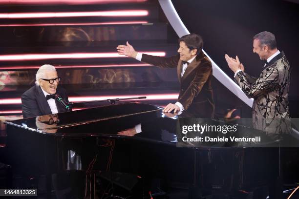 Peppino di Capri, Gianni Morandi and Amadeus attend the 73rd Sanremo Music Festival 2023 at Teatro Ariston on February 10, 2023 in Sanremo, Italy.