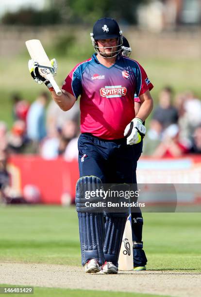 Rob Key of Kent celebrates his half century during the Friends Life T20 match between Kent and Surrey at The County Ground on June 17, 2012 in...