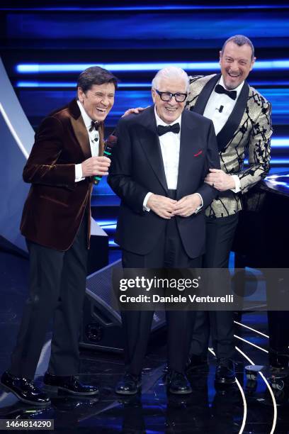 Gianni Morandi, Peppino di Capri and Amadeus attend the 73rd Sanremo Music Festival 2023 at Teatro Ariston on February 10, 2023 in Sanremo, Italy.