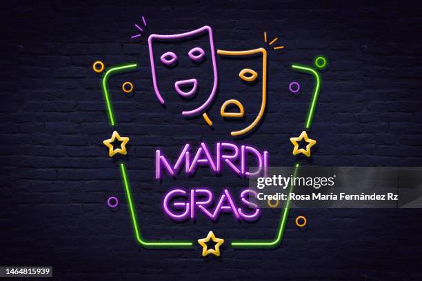 mardi gras neon sign.  retro neon banner on wall background - mardi gras banner stock pictures, royalty-free photos & images