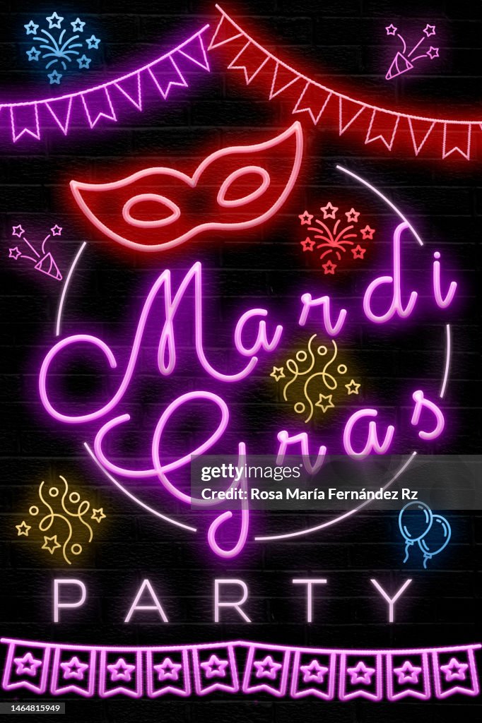 Mardi Gras Neon Sign. Retro Neon Banner on Wall Background