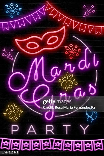 mardi gras neon sign.  retro neon banner on wall background - mardi gras background stock pictures, royalty-free photos & images