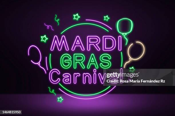 mardi gras neon sign.  retro neon banner on wall background - fiesta invitation stock pictures, royalty-free photos & images