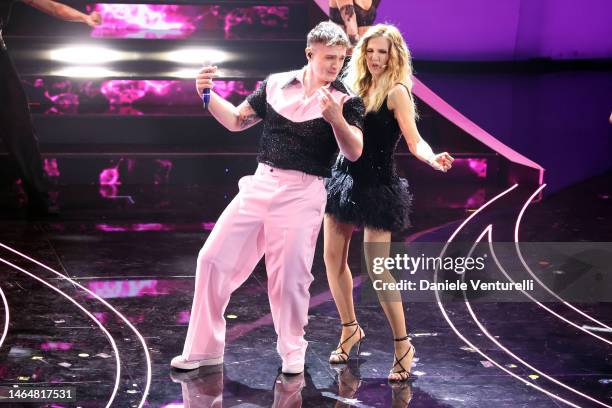 Olly and Lorella Cuccarini attend the 73rd Sanremo Music Festival 2023 at Teatro Ariston on February 10, 2023 in Sanremo, Italy.