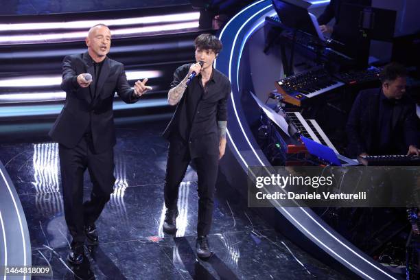 Eros Ramazzotti and Ultimo attend the 73rd Sanremo Music Festival 2023 at Teatro Ariston on February 10, 2023 in Sanremo, Italy.