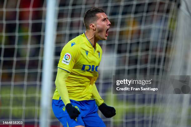 Sergi Guardiola of Cadiz CF celebrates scoring the teams second goal during the LaLiga Santander match between Cadiz CF and Girona FC at Estadio...