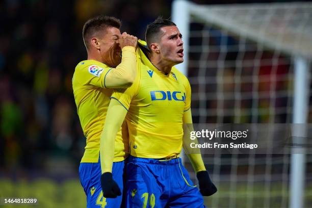 Sergi Guardiola of Cadiz CF celebrates scoring the teams second goal during the LaLiga Santander match between Cadiz CF and Girona FC at Estadio...