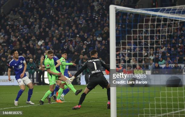 Rodrigo Zalazar of Schalke scores a disallowed goal during the Bundesliga match between FC Schalke 04 and VfL Wolfsburg at Veltins-Arena on February...
