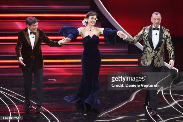 Gianni Morandi, Chiara Francini and Amadeus attends the 73rd Sanremo Music Festival 2023 at Teatro Ariston on February 10, 2023 in Sanremo, Italy.