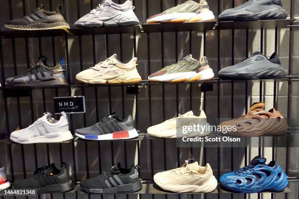 Shoes are offered for sale at an Adidas store on February 10, 2023 in Chicago, Illinois. Adidas is expecting to report a loss in 2023 after...