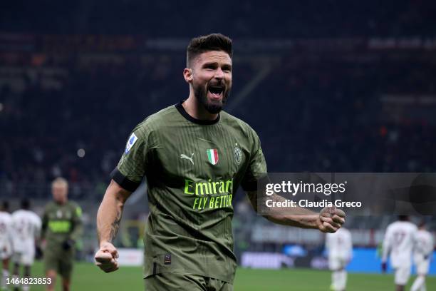 Olivier Giroud of AC Milan celebrates after scoring their first goal during the Serie A match between AC MIlan and Torino FC at Stadio Giuseppe...