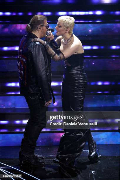 Gianluca Grignani and Arisa attend the 73rd Sanremo Music Festival 2023 at Teatro Ariston on February 10, 2023 in Sanremo, Italy.