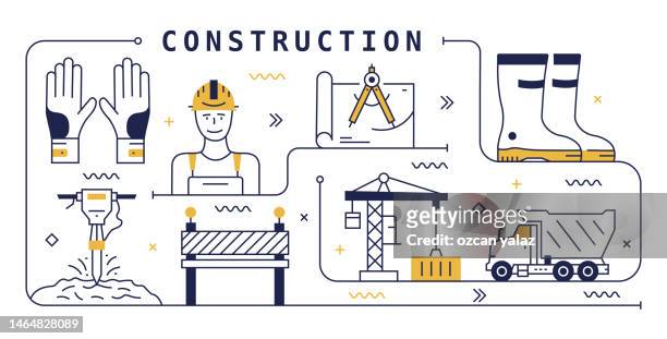 construction vector design. the design is editable and the color can be changed. vector set of creativity icons: architecture , blueprint , cement mixer , jackhammer , crane building - work safety stock illustrations