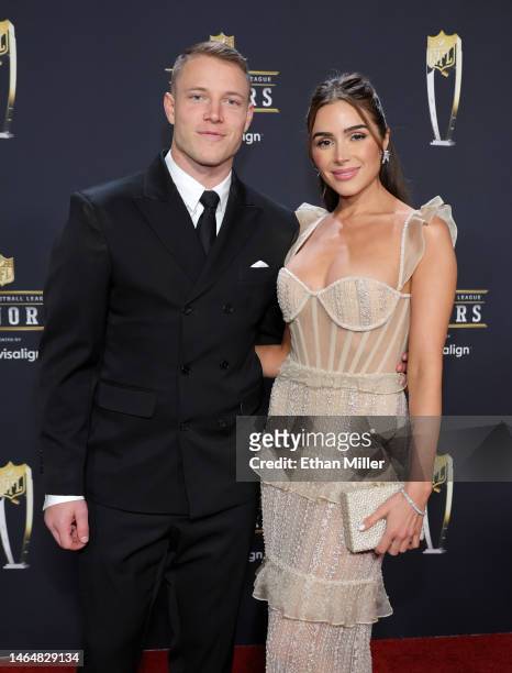 Christian McCaffrey and Olivia Culpo attend the 12th annual NFL Honors at Symphony Hall on February 09, 2023 in Phoenix, Arizona.