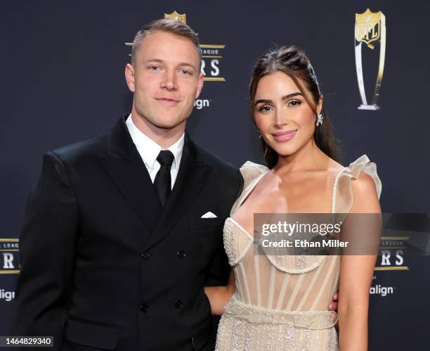 Christian McCaffrey and Olivia Culpo attend the 12th annual NFL Honors at Symphony Hall on February 09, 2023 in Phoenix, Arizona.