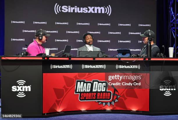 Dusty Dvoracek, Stefon Diggs of the Buffalo Bills and Danny Kanell attend SiriusXM At Super Bowl LVII on February 10, 2023 in Phoenix, Arizona.