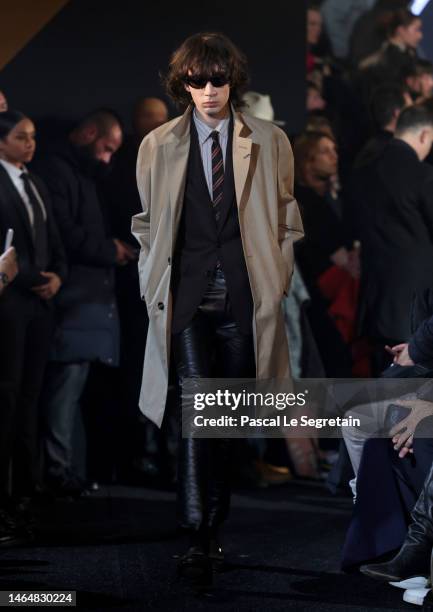 Model walks the runway during the Celine Men Fall-Winter 2023-2024 show on February 10, 2023 in Paris, France.