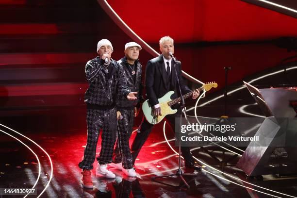 Ax, Fedez and DJ Jad attend the 73rd Sanremo Music Festival 2023 at Teatro Ariston on February 10, 2023 in Sanremo, Italy.