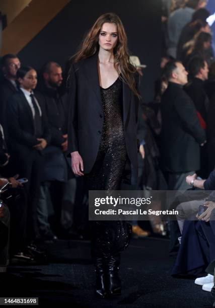 Model walks the runway during the Celine Men Fall-Winter 2023-2024 show on February 10, 2023 in Paris, France.