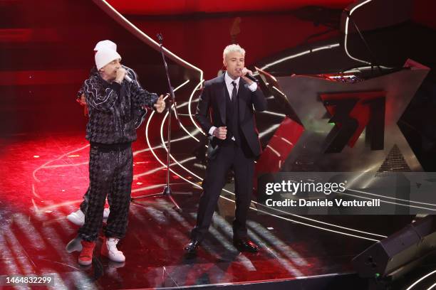 Ax and Fedez attend the 73rd Sanremo Music Festival 2023 at Teatro Ariston on February 10, 2023 in Sanremo, Italy.