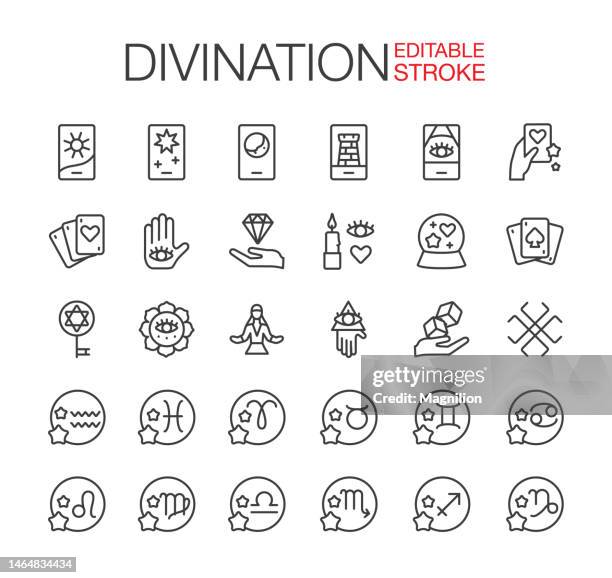 divination line icons set editable stroke - tarot cards stock illustrations