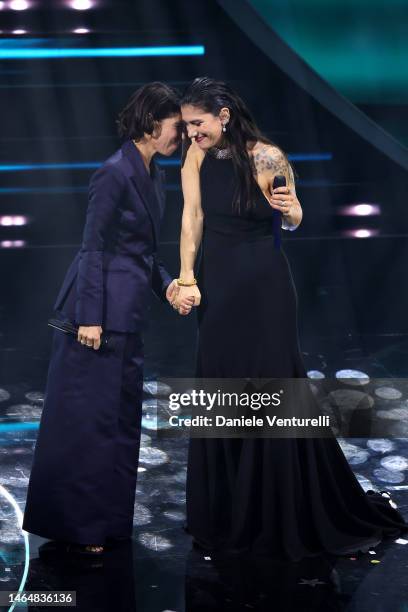 Giorgia Todrani aka Giorgia and Elisa Toffoli aka Elisa attends the 73rd Sanremo Music Festival 2023 at Teatro Ariston on February 10, 2023 in...