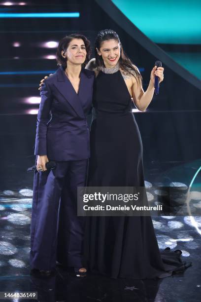 Giorgia Todrani aka Giorgia and Elisa Toffoli aka Elisa attends the 73rd Sanremo Music Festival 2023 at Teatro Ariston on February 10, 2023 in...