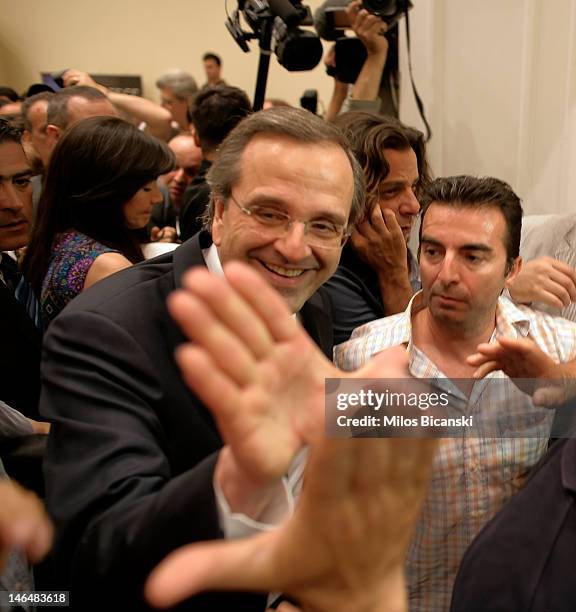 Leader of the New Democracy conservative party Antonis Samaras arrives for a press conference on June 17, 2012 in Athens, Greece. The Greek...