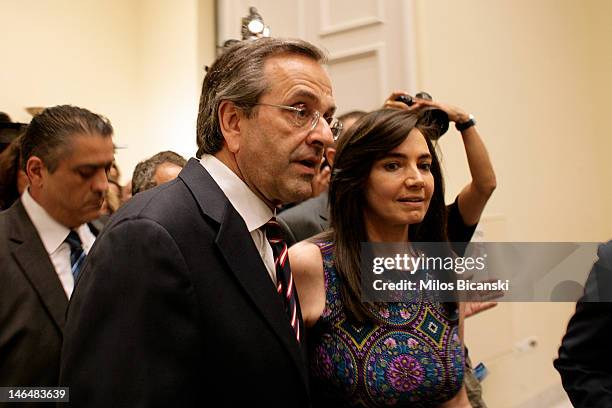 Leader of the New Democracy conservative party Antonis Samaras arrives for a press conference on June 17, 2012 in Athens, Greece. The Greek...