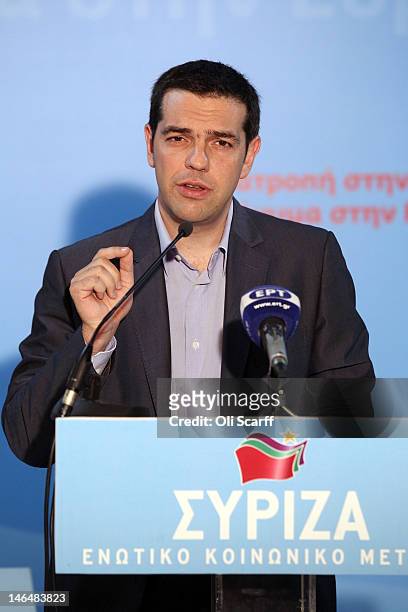 Alexis Tzipras, the leader of the Syriza party, speaks at a press conference in his party's offices following an expected second place in the general...