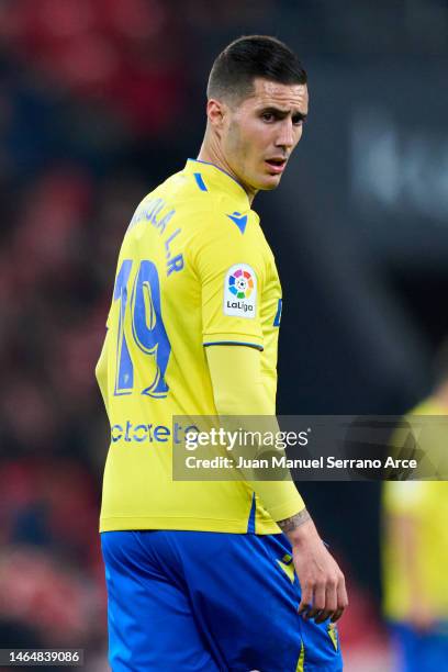 Sergi Guardiola of Cadiz CF reacts during the LaLiga Santander match between Athletic Club and Cadiz CF at San Mames Stadium on February 03, 2023 in...