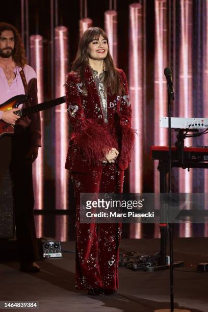 Clara Luciani performs on stage during the 38th "Les Victoires De La Musique" Award Ceremony At La Seine Musicale on February 10, 2023 in Paris,...