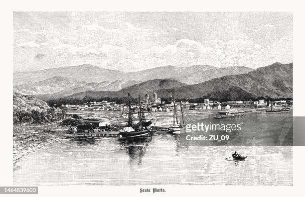 historical view of santa marta, colombia, wood engraving, published in 1899 - santa marta colombia stock illustrations